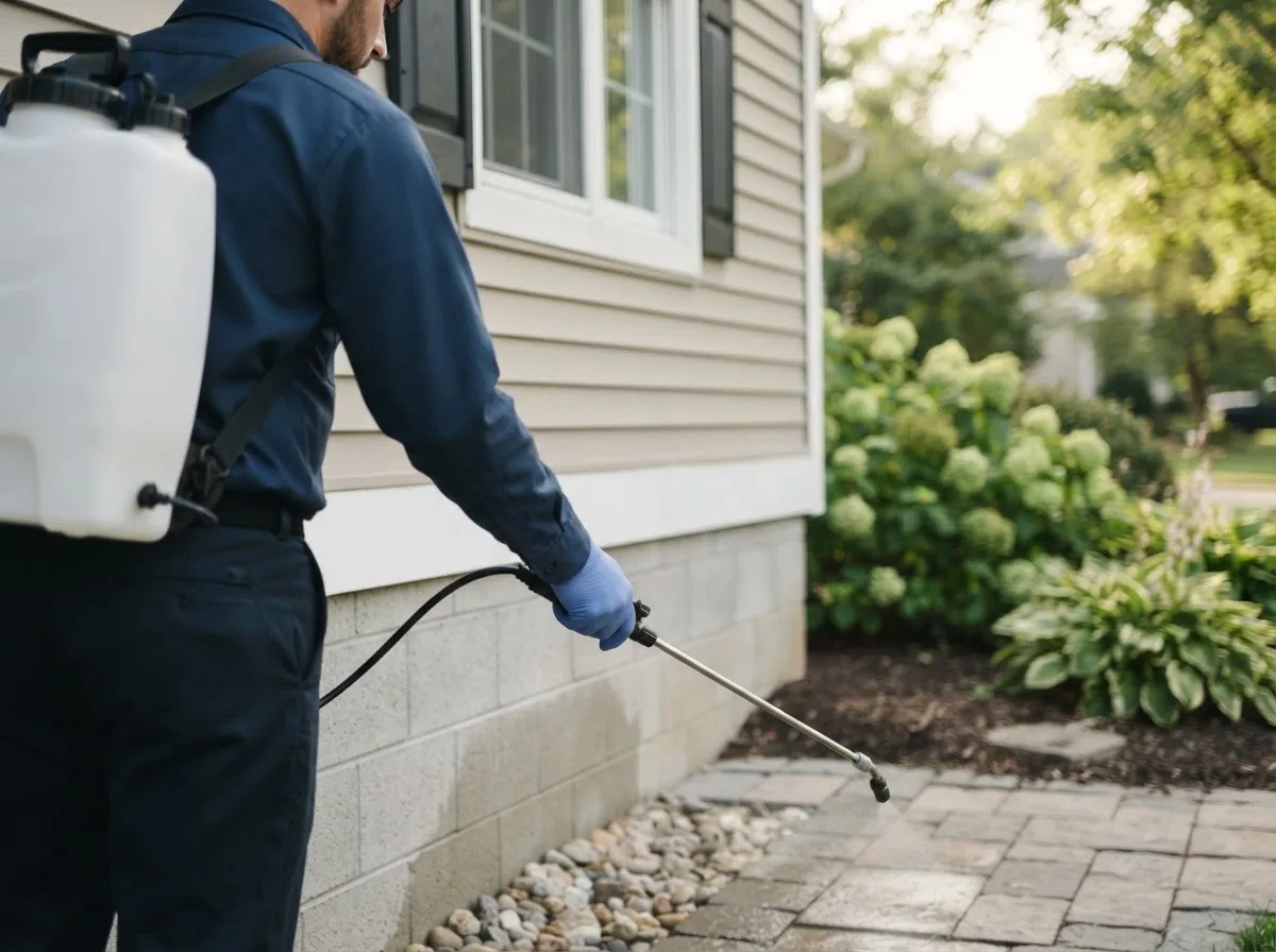 Pest control technician inspecting a home in Swink, OK